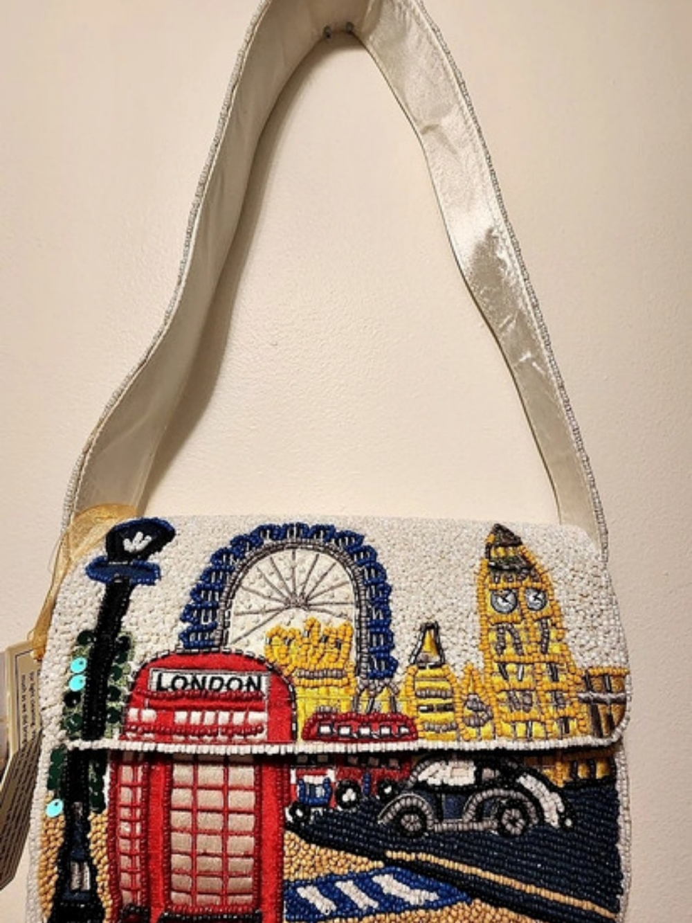 London Beaded Shoulder Bag in White & Blue NWT